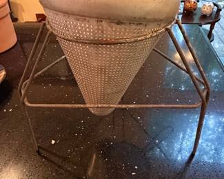 Vintage Aluminum Cone Strainer with Stand and Wooden Pestle