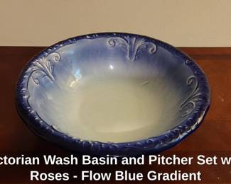 Victorian Wash Basin and Pitcher Set with Roses  Flow Blue Gradient fourth image