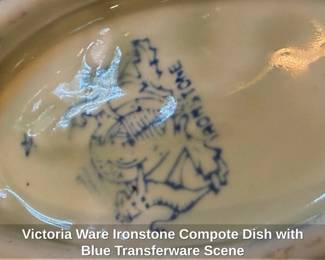 Victoria Ware Ironstone Compote Dish with Blue Transferware Scene third image