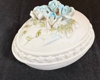 Vintage Cordey Porcelain Trinket Box with Blue Roses