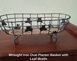 Wrought Iron Oval Planter Basket with Leaf Motifs