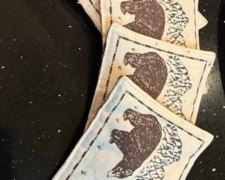 Set of Rustic Bear and Forest Fabric Coasters with Plaid Holder