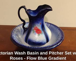 Victorian Wash Basin and Pitcher Set with Roses  Flow Blue Gradient second image