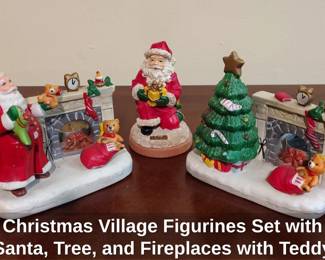 Christmas Village Figurines Set with Santa, Tree, and Fireplaces with Teddy Bears