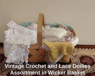 Vintage Crochet and Lace Doilies Assortment in Wicker Basket