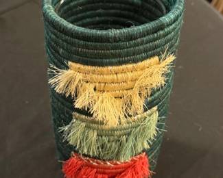 Teal Woven Cylindrical Container with Tassels