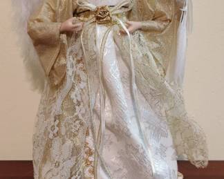 Porcelain Angel Tree Topper with White and Gold Gown
