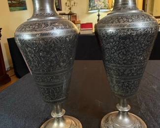 Pair of Etched Brass Vases