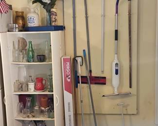 Assorted Household and Garage Items Including Garden Tools and Storage