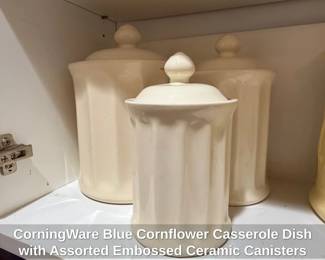 CorningWare Blue Cornflower Casserole Dish with Assorted Embossed Ceramic Canisters and Mixing Bowls third image
