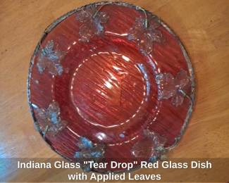 Indiana Glass Tear Drop Red Glass Dish with Applied Leaves