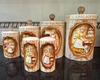 Sears Roebuck and Co. Kitchen Scene Ceramic Canister Set with Salt and Pepper Shakers