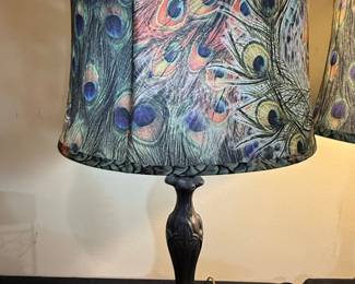 Peacock Feather Tiffany Style Table Lamps Pair