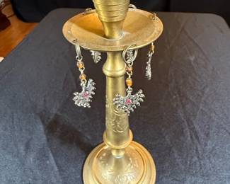 Brass Candlestick with Decorative Engravings and Dangling Ornaments second image