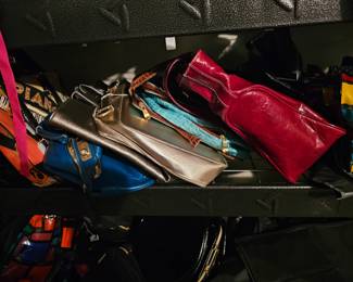 Lots of purses, Bags, clutch purses and travel bags.