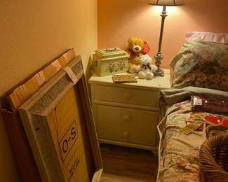 Side table, bed, frame, lamp