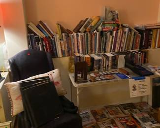 Books, magazines, chair, pillows, etc.