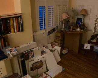 Table, lamps, canvases, decor