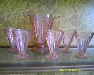 Pink Depression Poinsettia Pitcher and Glasses