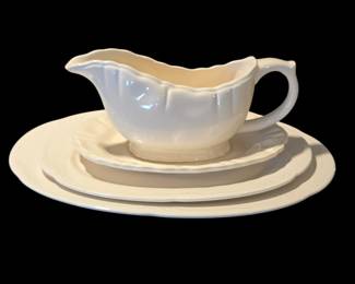 Lot #178 - Pfaltzgraff Yorktowne White Stoneware Serving Platters and Home Gravy Boat Set