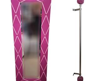 Lot #129 - Pink Fabric Ribbon Frame Mirror and Decorative Curtain Rod with Pink Crystal Finials