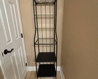 Lot #204 - Black Metal and Glass Baker's Rack with Decorative Scrollwork Industrial Shelving Unit