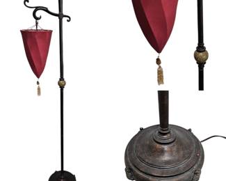 Lot #123 - Moroccan Style Metal Floor Lamp with Red Fabric Lantern Shade and Decorative Tassel