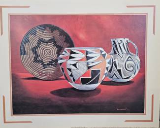 Lot #74 - Two Native American Lithographs - Restored Innocence Featuring Child, Wolf & Rabbits with Pottery Art