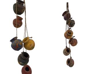 Lot #52 - Two Colorful Hand-Painted Miniature Clay Pot Hanging Decor with Jute Ropes