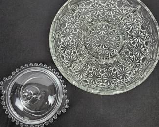 Lot #58 - Vintage Indiana Glass Daisy & Button Divided Serving Tray with Imperial Glass Candlewick Clear Lidded Candy Dish