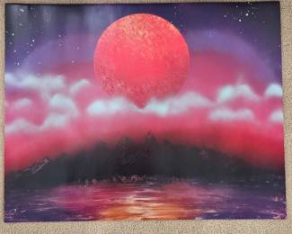 Lot #73 - Original Signed Spray Paint Art of Vibrant Red Moon Over Mountain Landscape