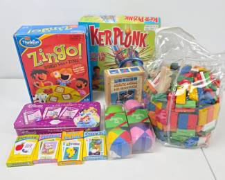 Lot #34 - Preschool & Early Elementary Games - Zingo, Ker Plunk, Go Fish, Blocks, Juggling Balls & More