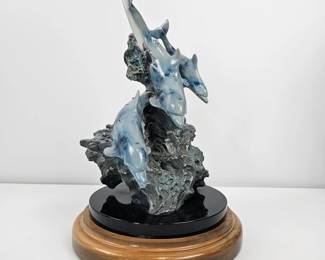 Lot #8 - Limited Edition 569/4000 Joe Slockbower "Wingless Flight" Dolphin Sculpture on Wood Base Mill Creek Studios