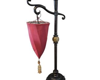 Lot #121 - Moroccan Style Metal Table Lamp with Red Fabric Lantern Shade and Decorative Tassel