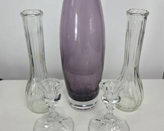 Lot #177 - Vintage Glass Vase and Crystal Candlestick Set with Purple Accent Vase