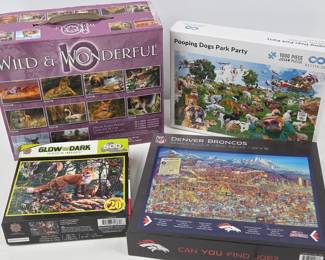 Lot #35 - Jigsaw Puzzle Lot Featuring NFL Denver Broncos, Pooping Dogs, Glow in the Dark Nature Scenes & 10 Wild & Wonderful