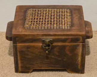 Lot #190 - Rustic Wooden Jewelry or Trinket Box with Woven Rattan Lid and Brass Latch