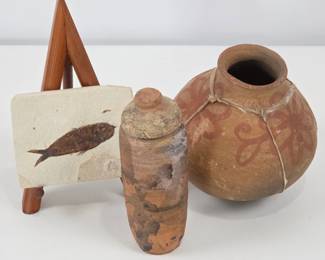 Lot #51 - Vintage Terra Cotta Clay Pottery Vessels with Hand-Painted Designs and Fossil Fish Plaque