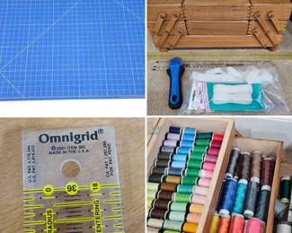 Lot #10 - Omnigrid Quilting Ruler, Duraheal Cutting Mat, and Sewing Thread Kit with Wooden Storage Box and Rotary Cutter