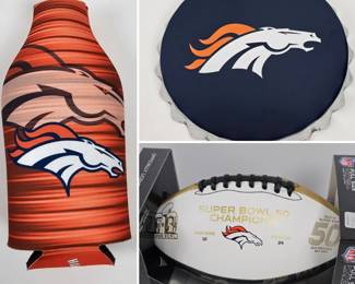Lot #14 - Denver Broncos Super Bowl 50 Champions Collectible Football, 12" Metal Bottle Cap Sign, & Bottle Coolie