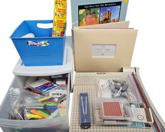 Lot #72 - Crafting Lot - Stamps, Embellishments, Paper Cutter, Art Paper, Scrapbooking Album, Glue Guns, Scissors and More