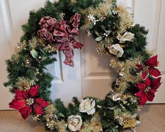 Lot #156 - Two Festive Holiday Christmas Wreaths with Poinsettias, White Roses, Berries, Bows & Gold Tinsel Accents