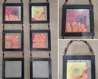 Lot #122 - Decorative Black Wood Hanging Photo Frames with Beaded Chain - Floral Artwork Display