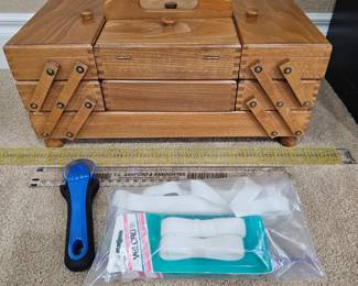 Lot #10 - Omnigrid Quilting Ruler, Duraheal Cutting Mat, and Sewing Thread Kit with Wooden Storage Box and Rotary Cutter