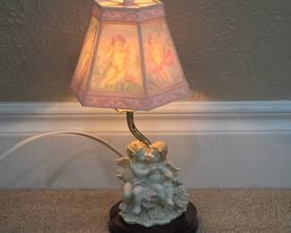 Lot #165 - Mid Century Cherub Table Lamp with Reverse Painted Lithopane Shade Depicting Celestial Scenes