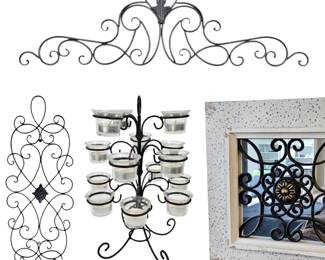 Lot #7 - Decorative Scroll Iron Wall Art Panels, Candle Holder & 2 Decorative Mirrors - Metal Home Décor Ornate