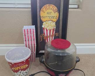 Lot #172 - West Bend Stir Crazy Popcorn Popper with Vintage Style Popcorn Wall Art and Classic Red Striped Popcorn Boxes