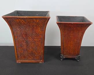 Lot #206 - Vintage Faux Crocodile Leather Planters with Decorative Metal Feet