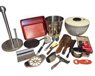 Lot #173 - Kitchen Utensils and Gadgets Lot with Red Baker, Stainless Steel, and Wooden Tools