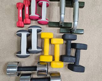 Lot #115 - Reebok Dumbbell Set with Chrome Steel 20lb Weights and Color-Coded Neoprene Dumbbells Plus Push Up Bars Home Fitness